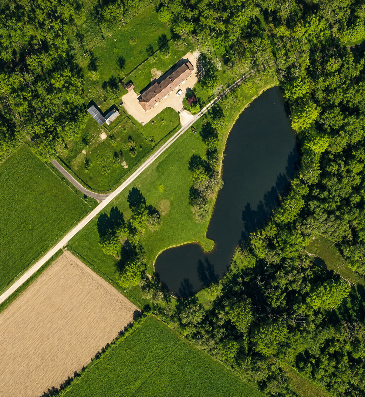 Vue aérienne du gîte Le Bois Nillon à Crouy-sur-Cosson : la longère, son parc arboré et l'étang