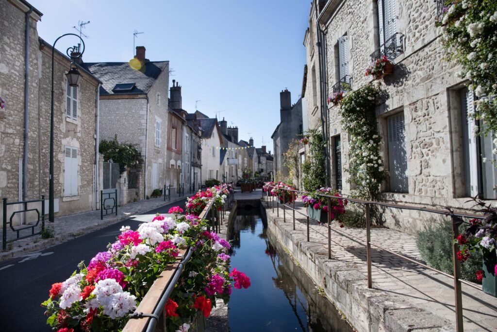 Ruelle pavée de Beaugency traversée par un ru bordé de géraniums et de maisons en pierre
